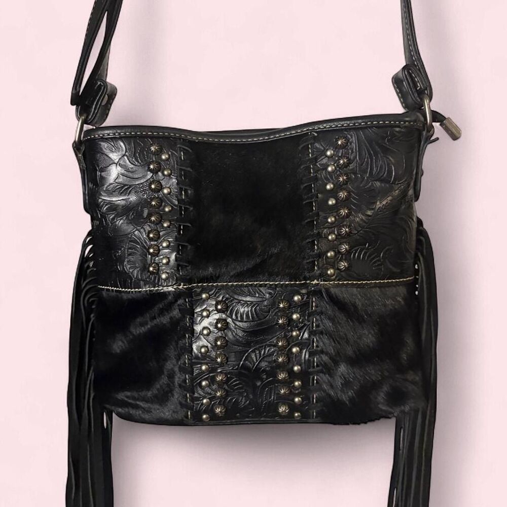 Montana West Western Boho Black Cowhide Leather Fringe Crossbody Shoulder Bag